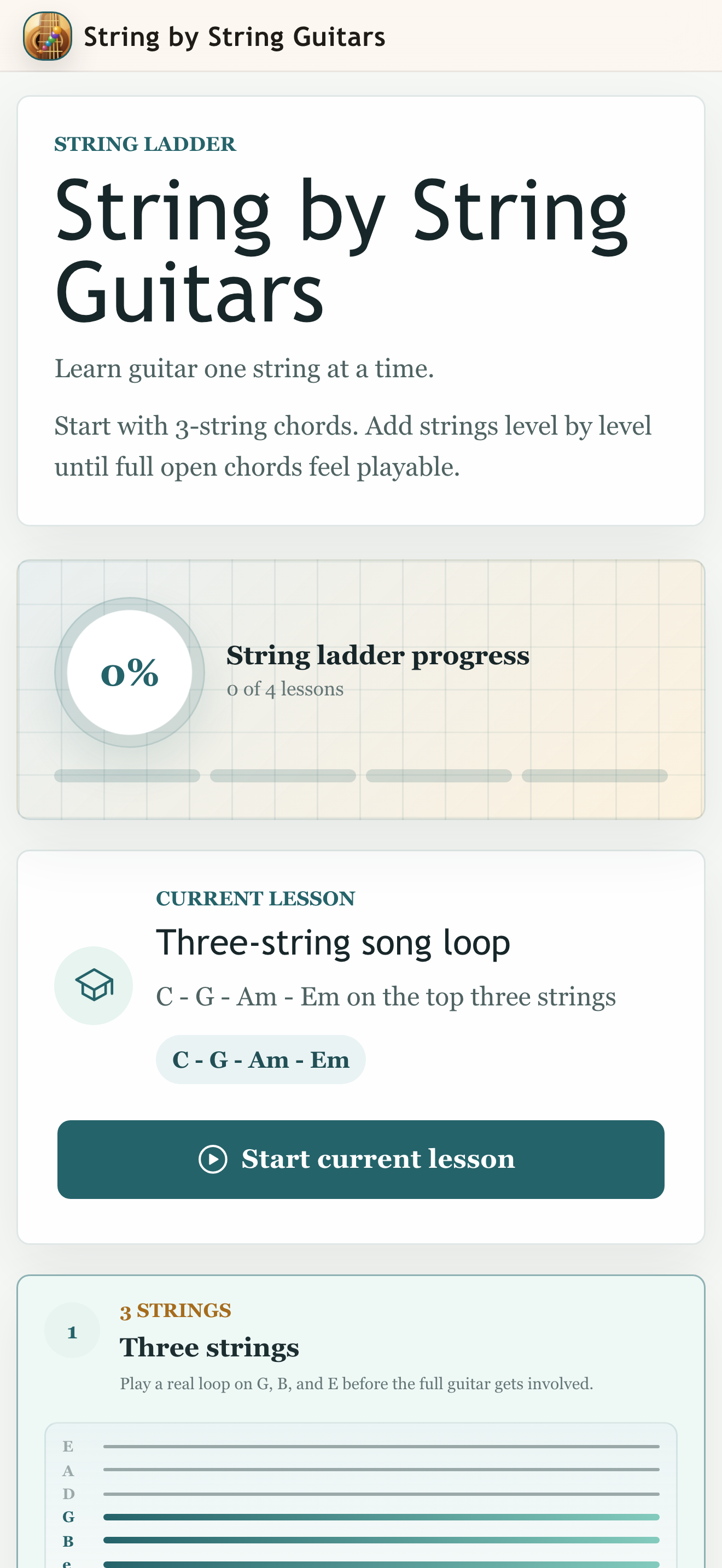 String ladder home screen showing four beginner levels