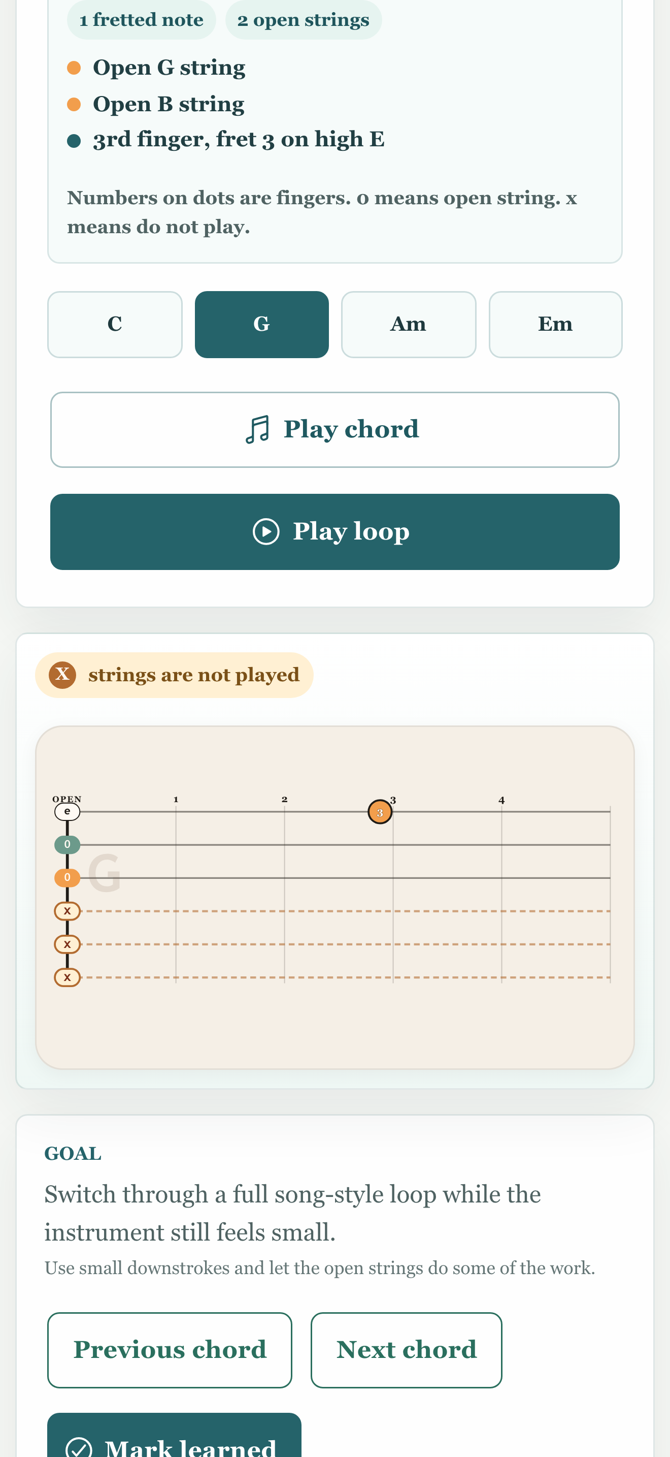 Three-string beginner G chord with fingering card and X markers for strings not played
