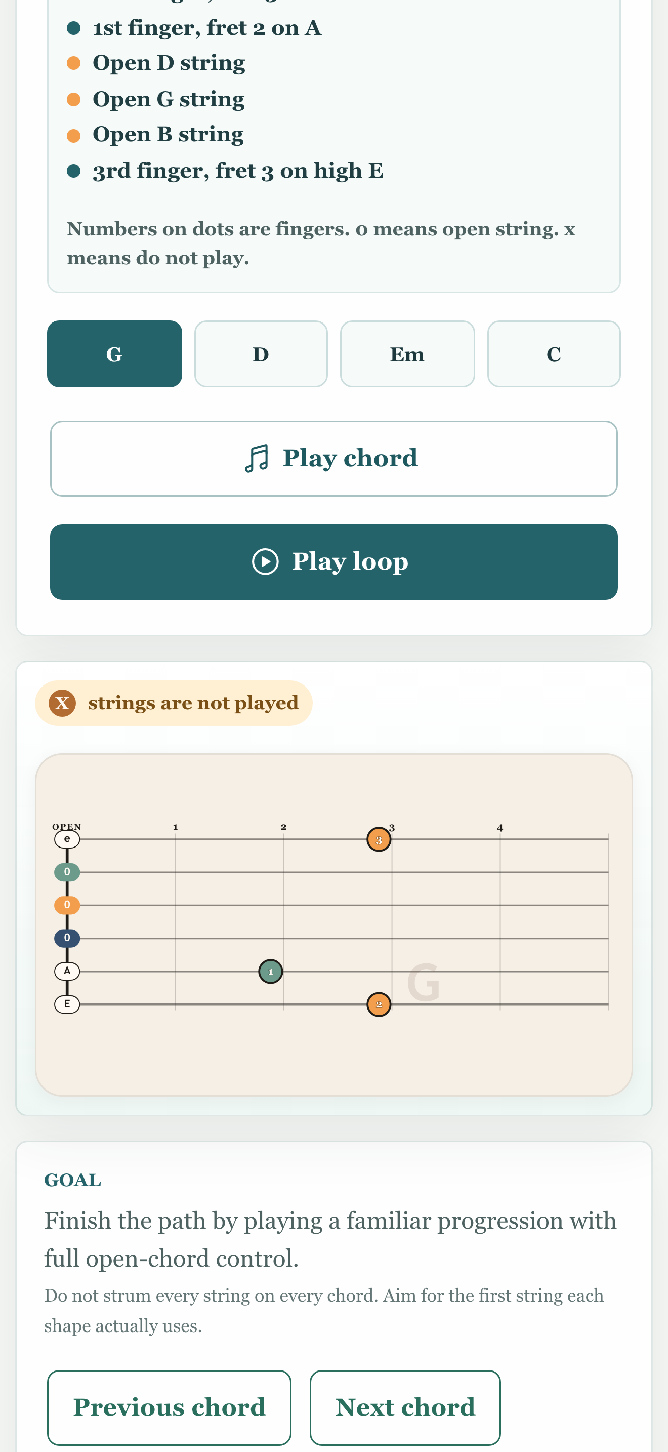 Full G D Em C lesson after the beginner string ladder expands to six strings